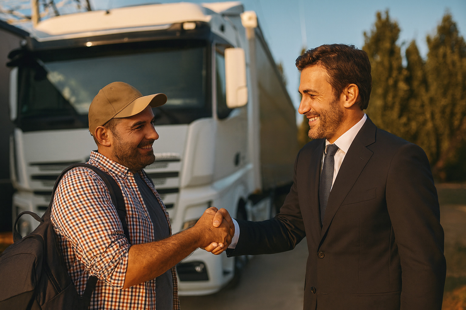 Conductor profesional estrechando la mano con empresario, con camión de fondo